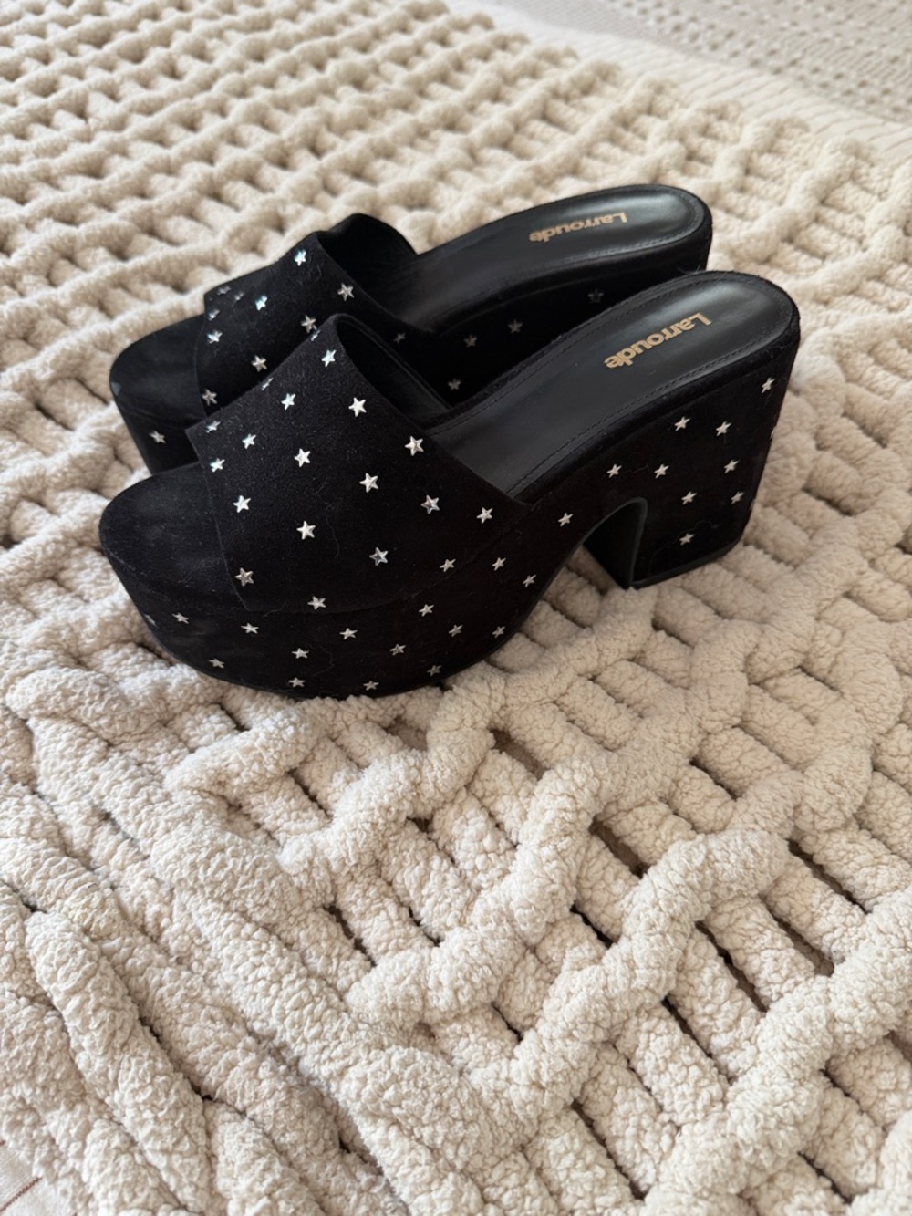 Larroude Black Suede Star-Studded Platform Mules
